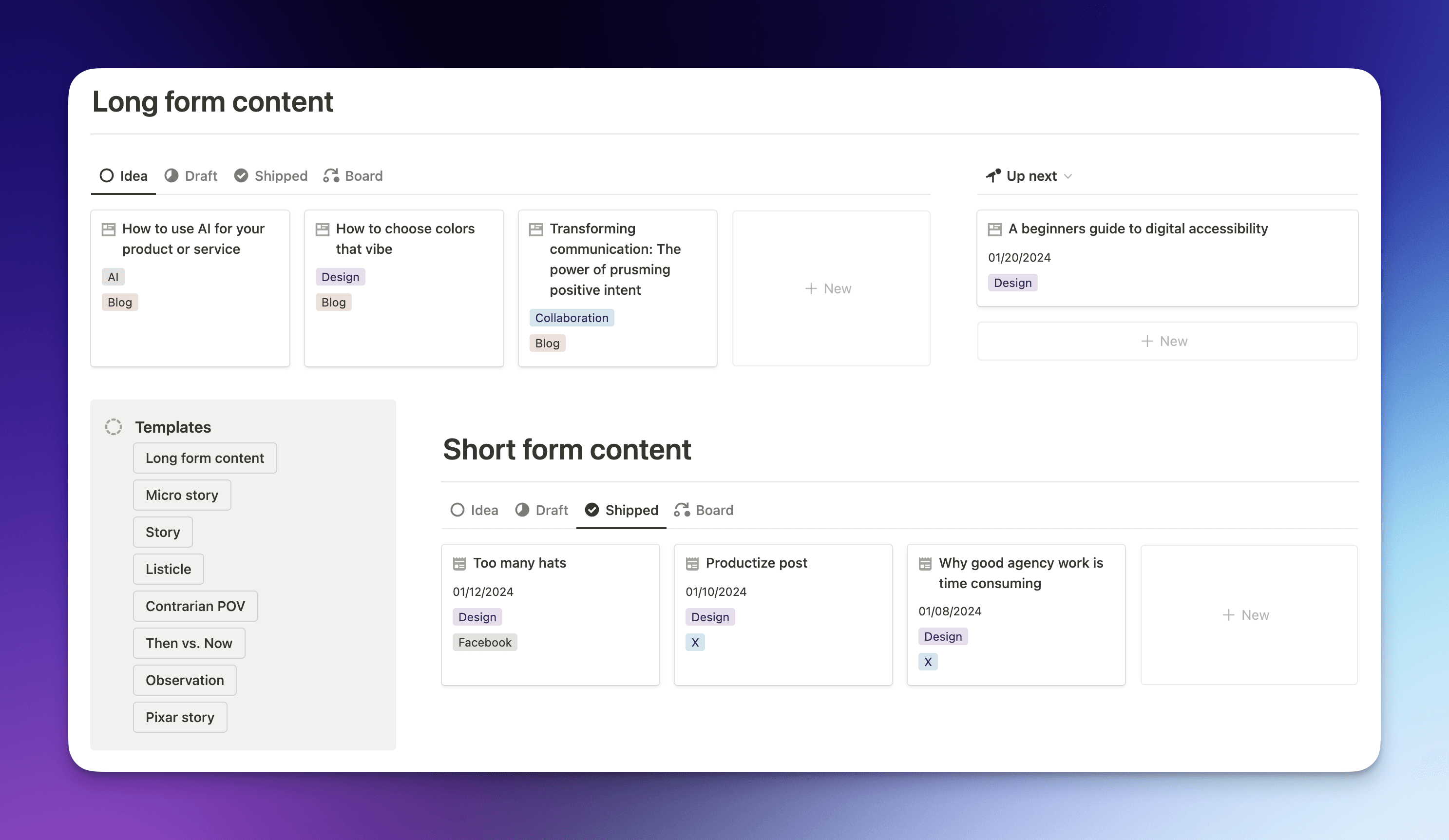 Screenshot of the Content compass Notion template content orgnization for small business lead generation