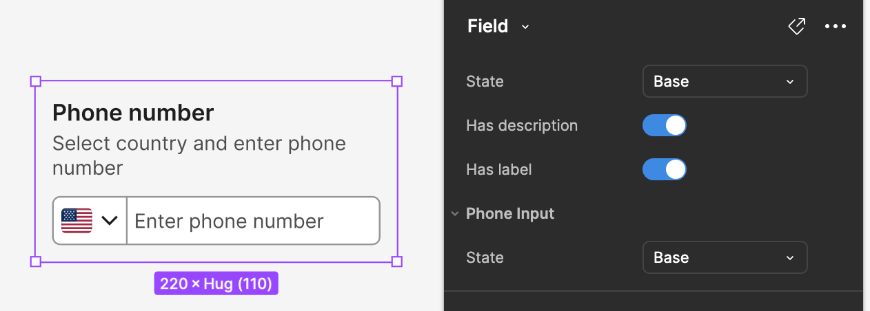 Phone input component in a Field component showing variants