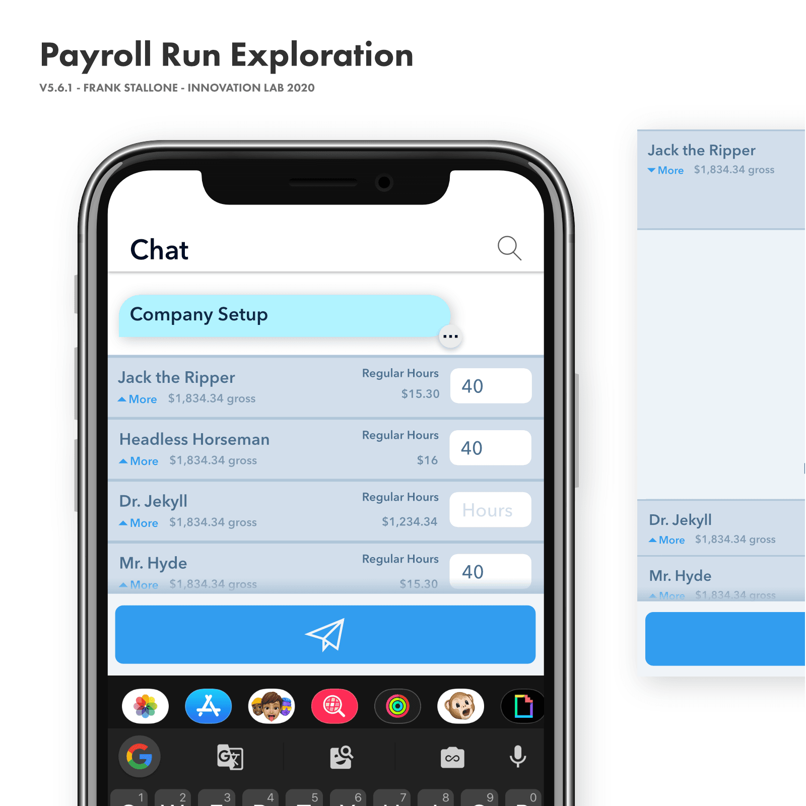Payroll conversation showing the components designed for customers