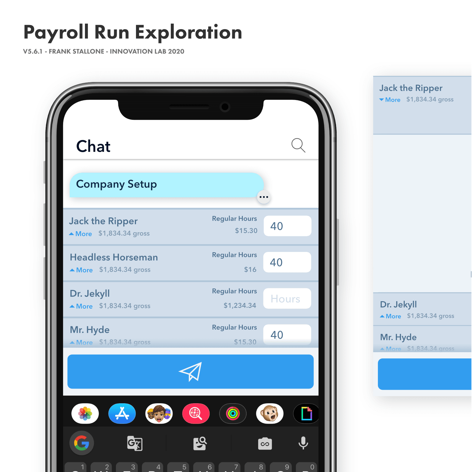 Screenshot of the payroll run conversation UI showcasing the components design and created for our clients