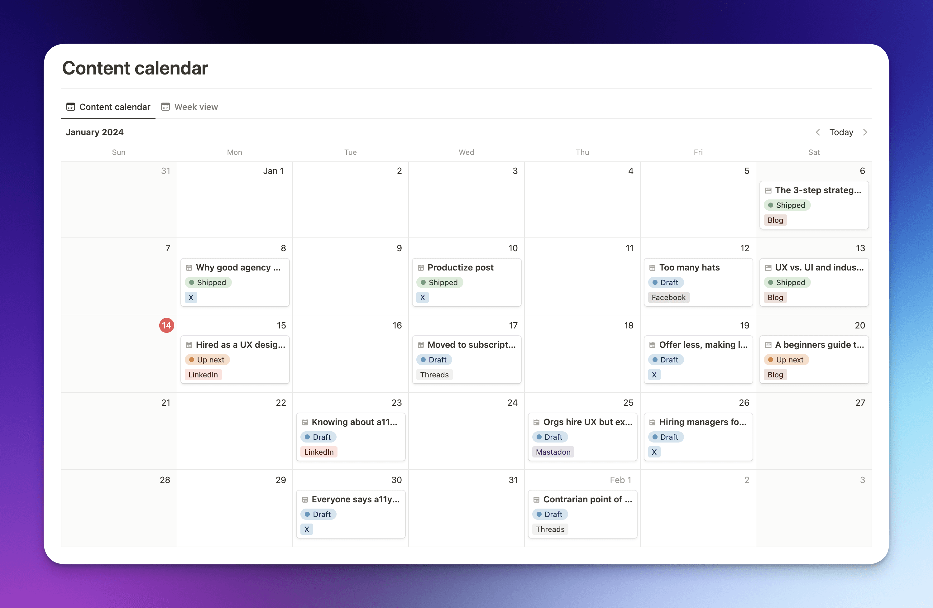 Screenshot of the Content compass Notion template content scheduling for small business lead generation