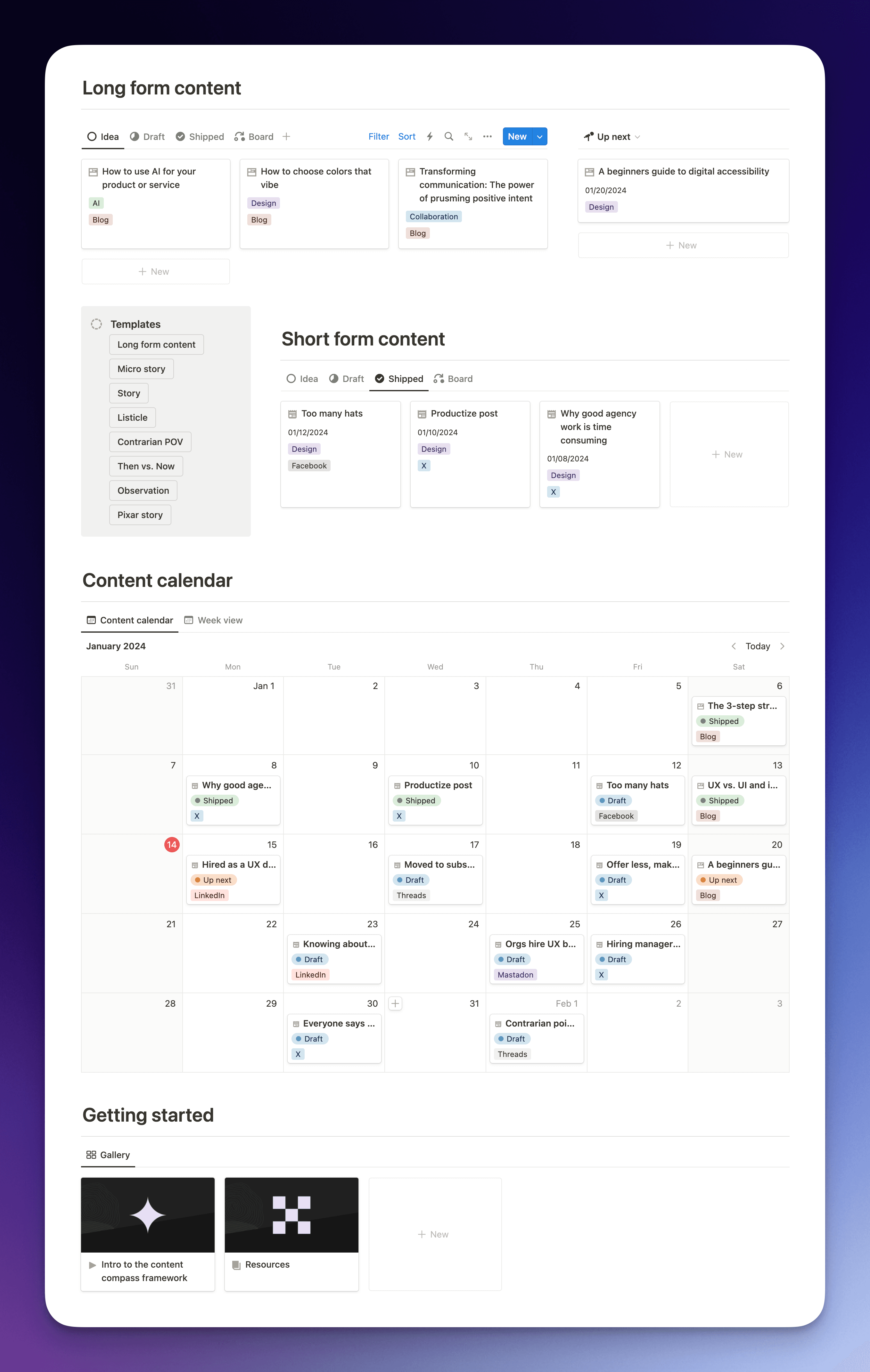 Screenshot of the Content compass Notion template for small business lead generation